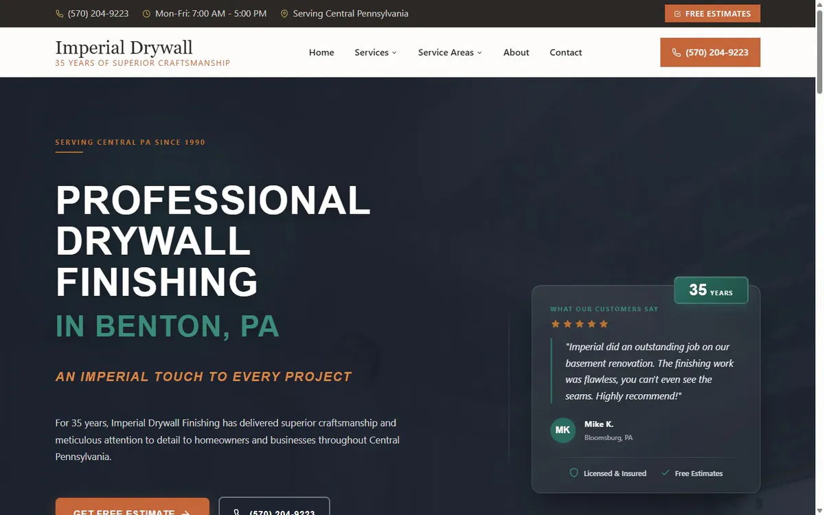 Imperial Drywall Finishing website homepage built by Bold Coast Marketing Group