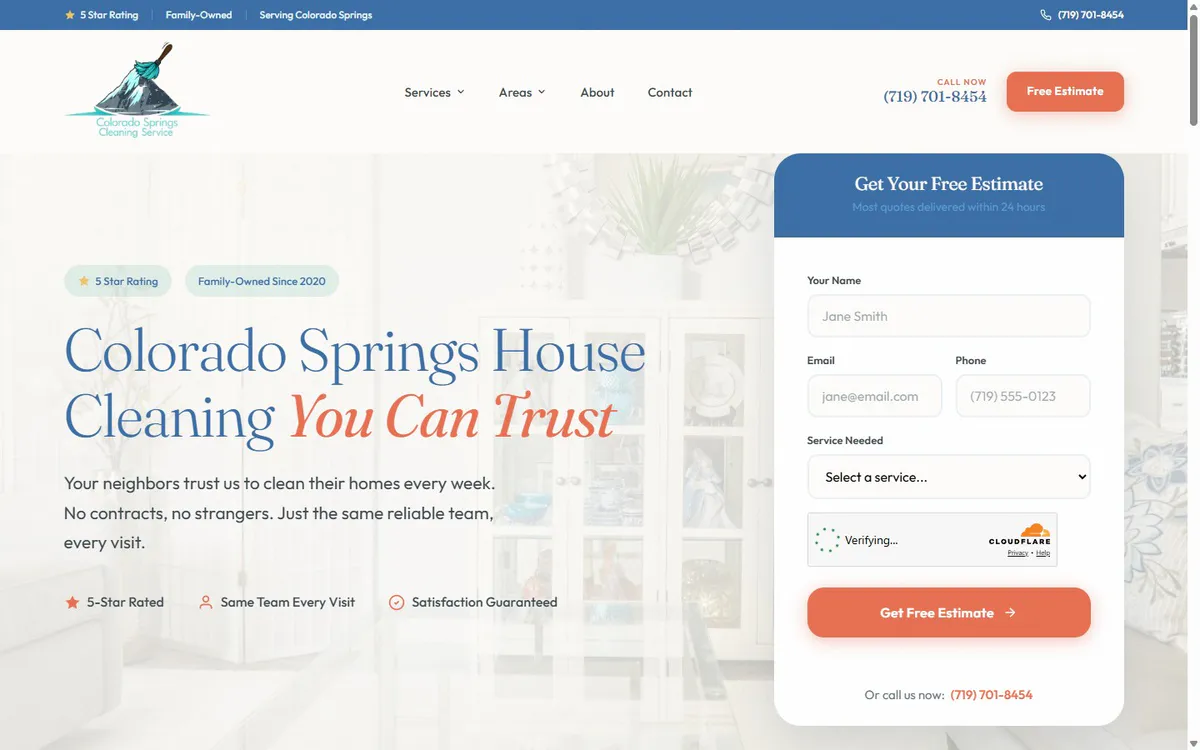 Colorado Springs Cleaning Service house cleaning website homepage built by Bold Coast Marketing Group