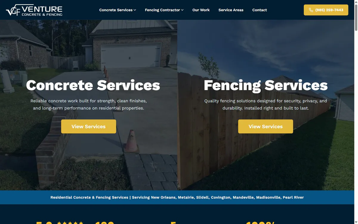 Venture Concrete & Fencing website homepage built by Bold Coast Marketing Group