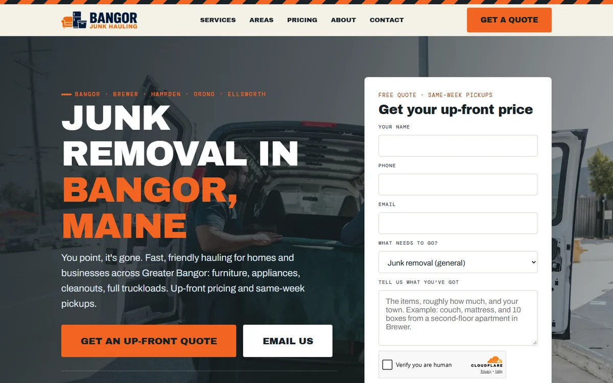 Bangor Junk Hauling homepage: junk removal in Bangor, Maine, with a quote form