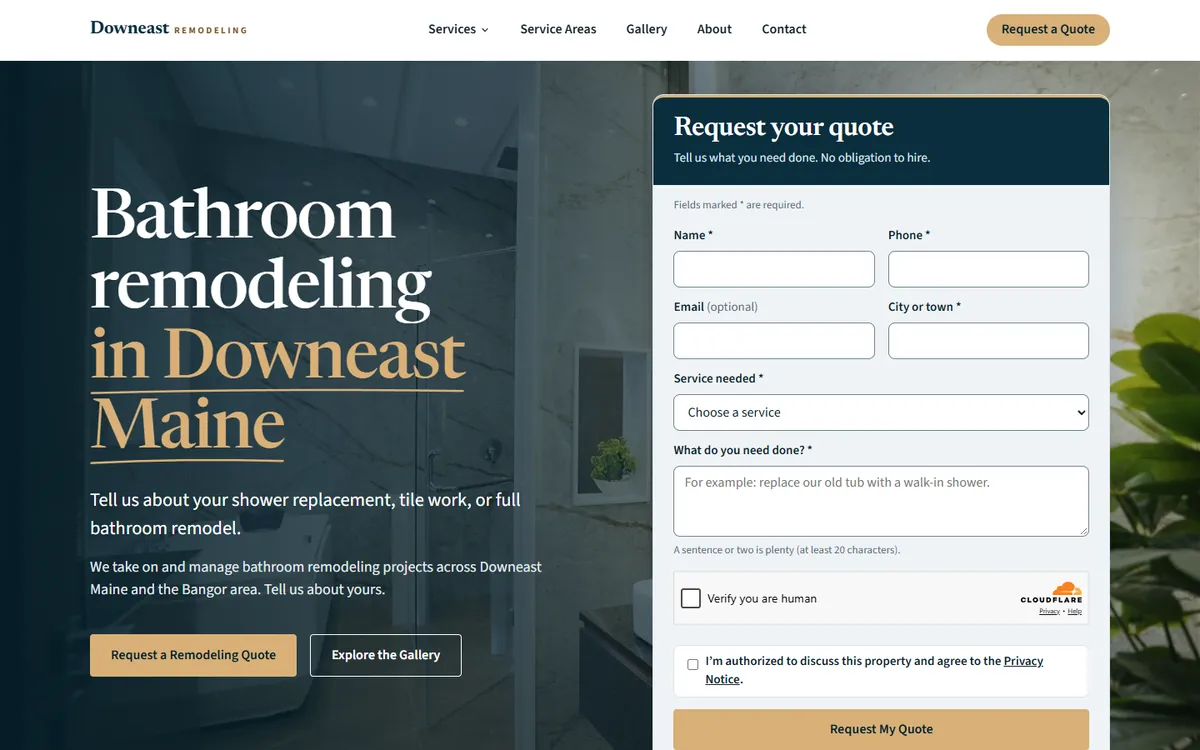 Downeast Remodeling homepage: bathroom remodeling in Downeast Maine, with a quote request form
