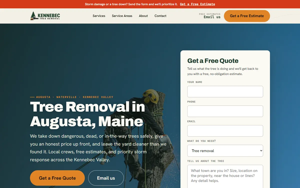 Kennebec Tree Removal homepage: tree removal in Augusta, Maine, with a free quote form