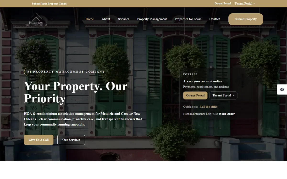 Precision Property Management homepage: HOA and condominium association management for Metairie and Greater New Orleans