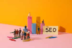 Diagram, paper with seo letters, paper clips and people on yello